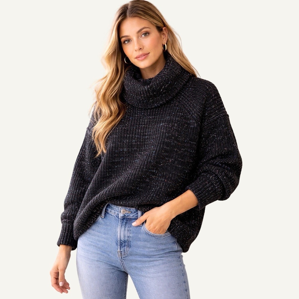 Free People Chunky Knit Cowl Turtleneck Sweater Black Confetti Womens Small